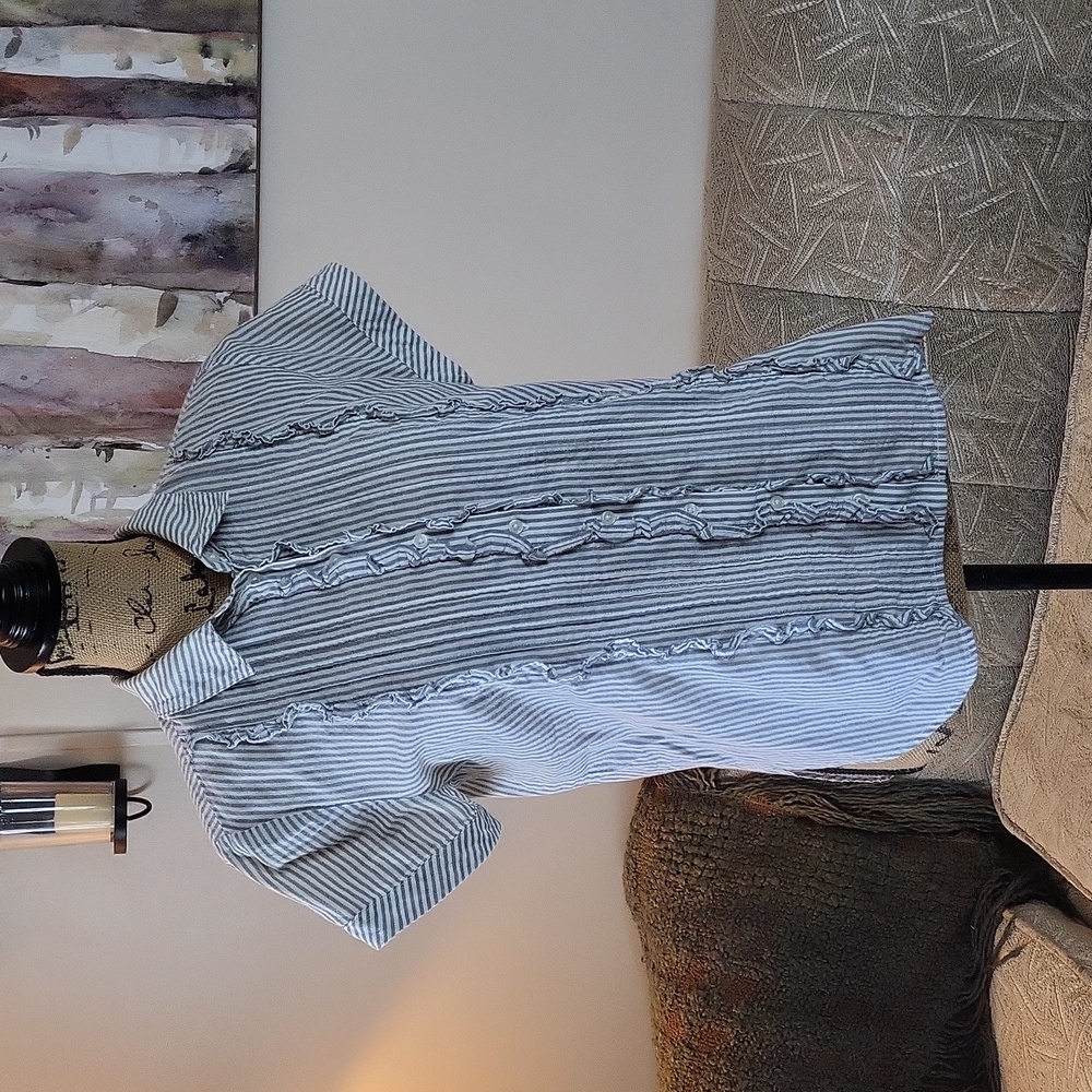 A New Day Metallic Heritage Stripe Tux Ruffle Short Sleeve Scoop Hem Button Up